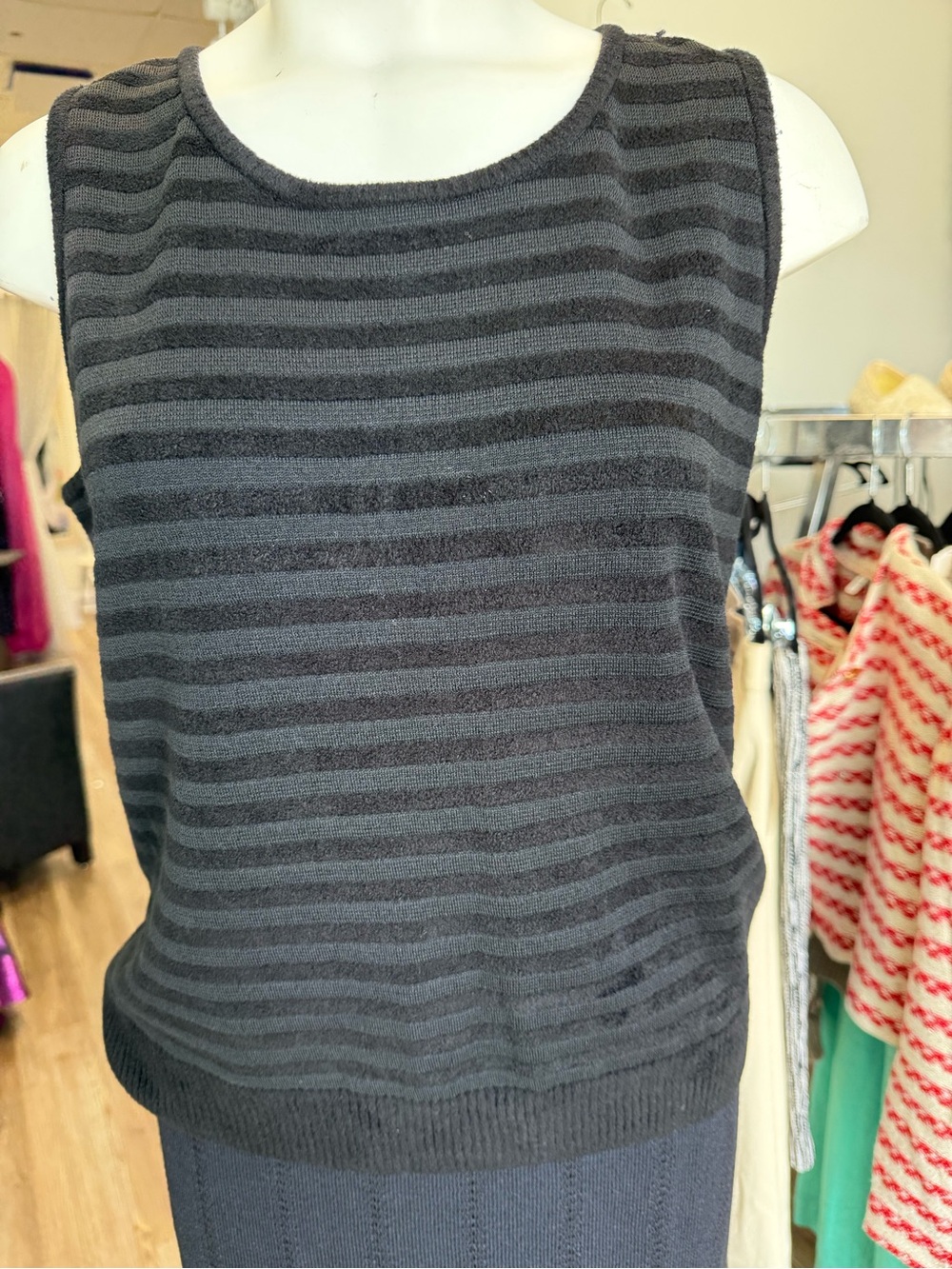 St. John Black and Charcoal Striped Sleeveless Knit Tank